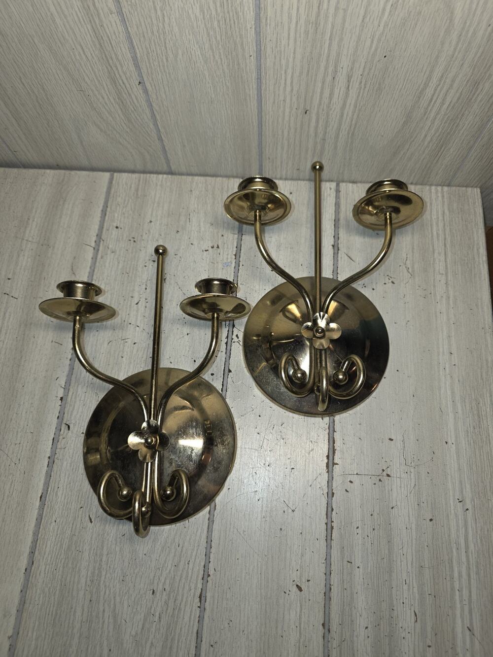 Vintage Brass Double Wall Sconces USA Made Pair Of Candleholders MCM Regency